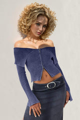 Double Take Ribbed Off-Shoulder Zip Up Long Sleeve Cardigan - Trendsi - Flyclothing LLC