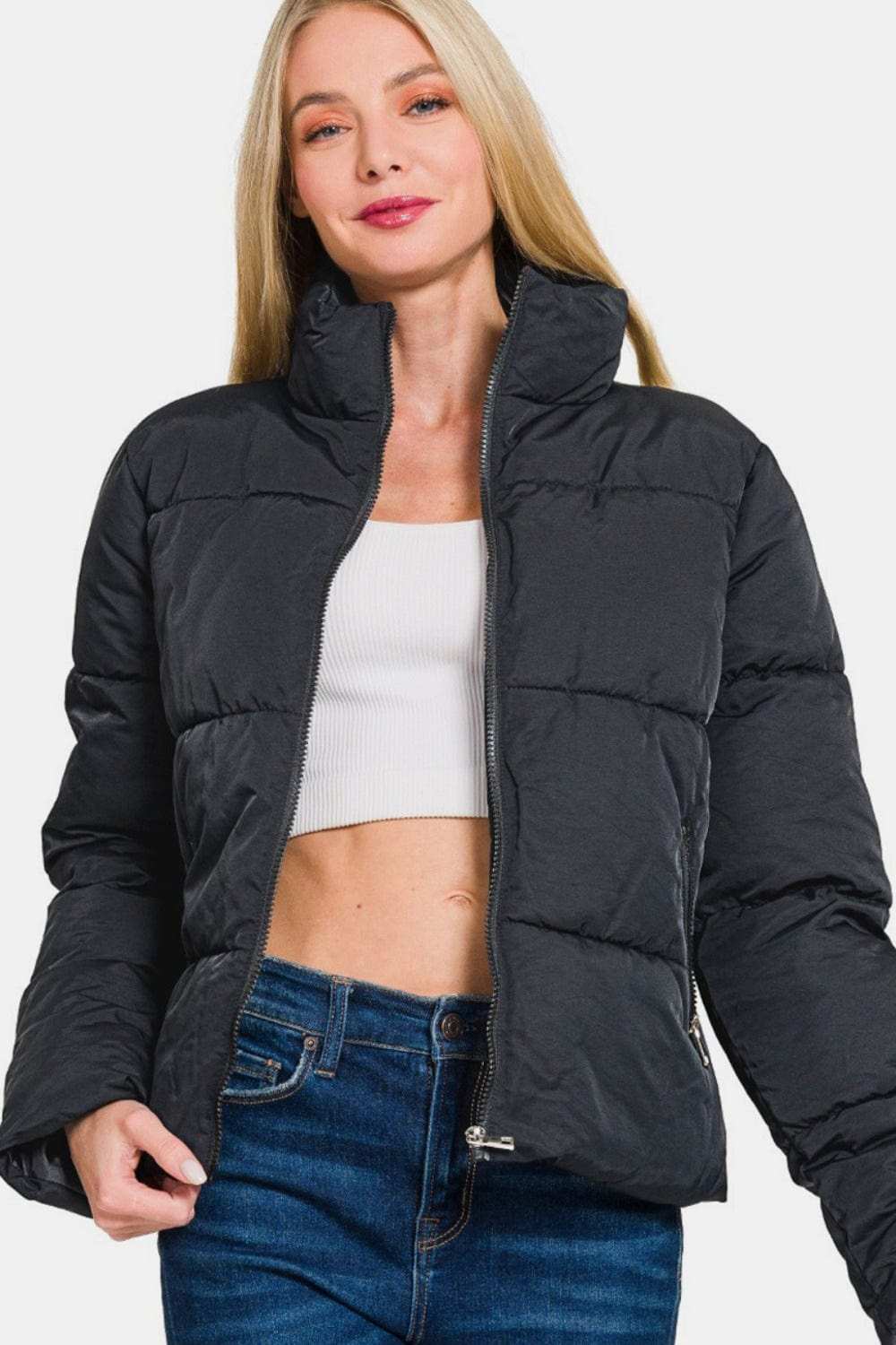 Zenana Zip Up Turtleneck Puffer Jacket with Pockets - Trendsi - Flyclothing LLC