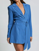 Lapel Collar Tie Waist Blazer - Trendsi - Flyclothing LLC