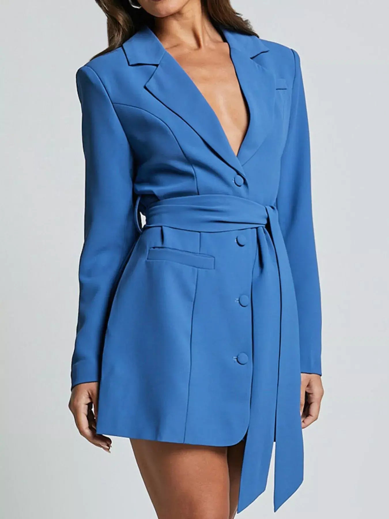 Lapel Collar Tie Waist Blazer - Trendsi - Flyclothing LLC