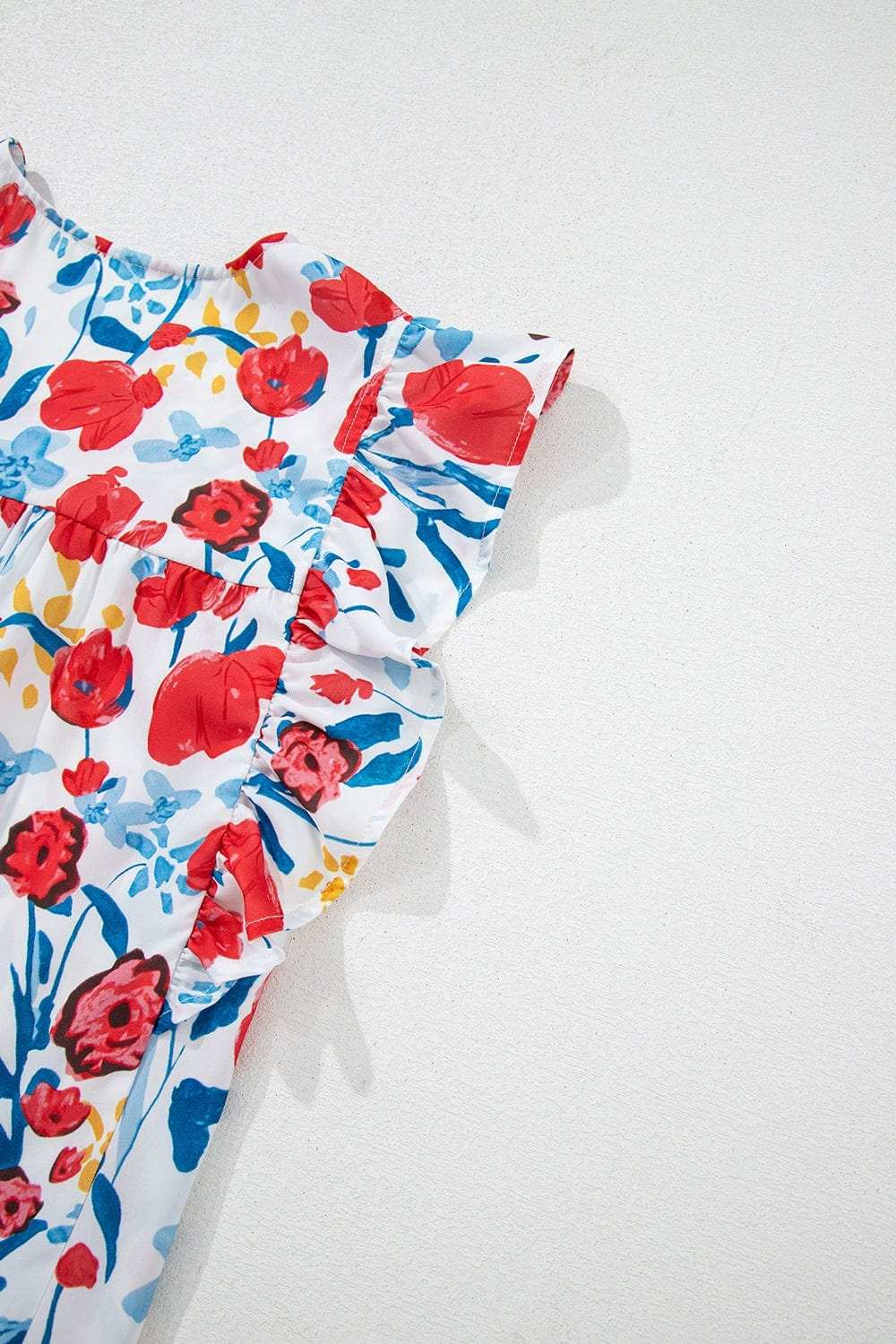 Ruffled Printed V-Neck Cap Sleeve Blouse - Trendsi - Flyclothing LLC