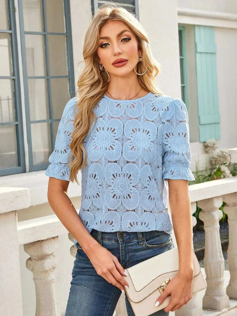 Openwork Round Neck Short Sleeve Top - Trendsi - Flyclothing LLC