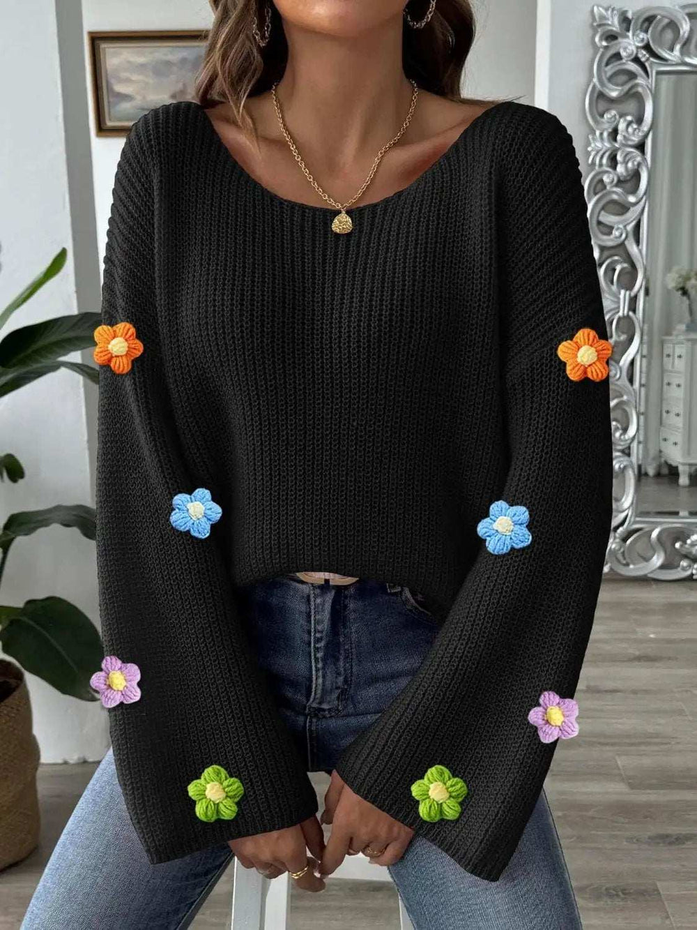 Flower Round Neck Long Sleeve Sweater - Trendsi - Flyclothing LLC