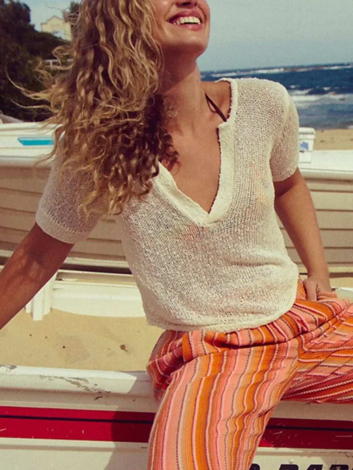 Notched Short Sleeve Knit Top - Trendsi - Flyclothing LLC