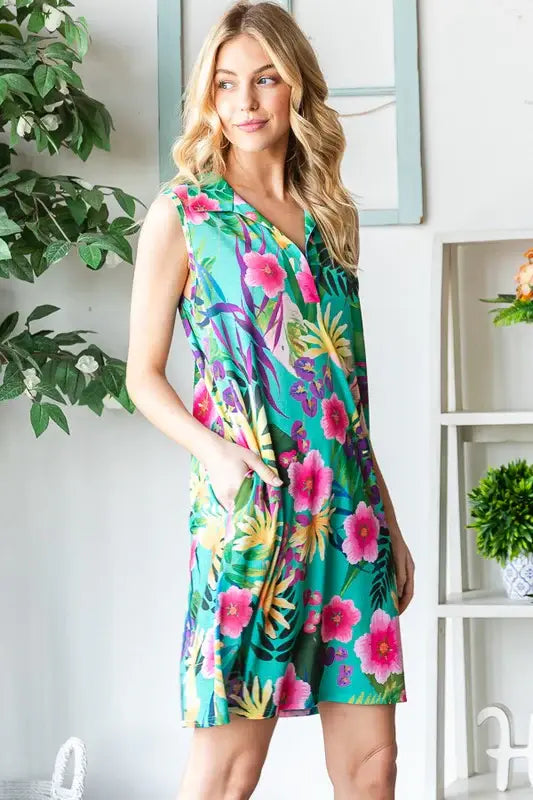 Heimish Full Size Floral Johnny Collar Sleeveless Dress Plus Size - Trendsi - Flyclothing LLC
