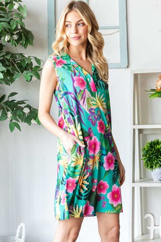 Heimish Full Size Floral Johnny Collar Sleeveless Dress Plus Size - Trendsi - Flyclothing LLC