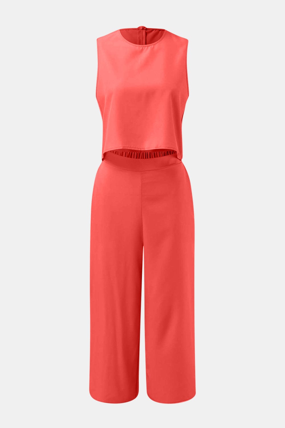 Round Neck Top and Wide Leg Pants Set - Trendsi