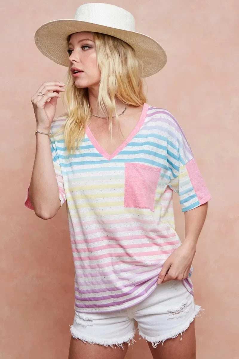 BiBi Rainbow Stripe Printed Triblend Knit Top - Trendsi - Flyclothing LLC