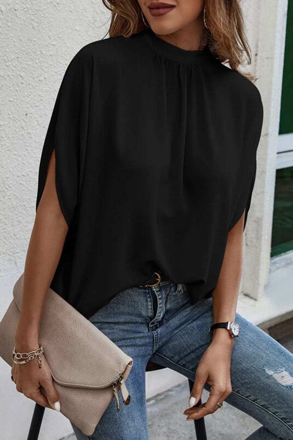 Tie Back Slit Half Sleeve Blouse - Trendsi - Flyclothing LLC