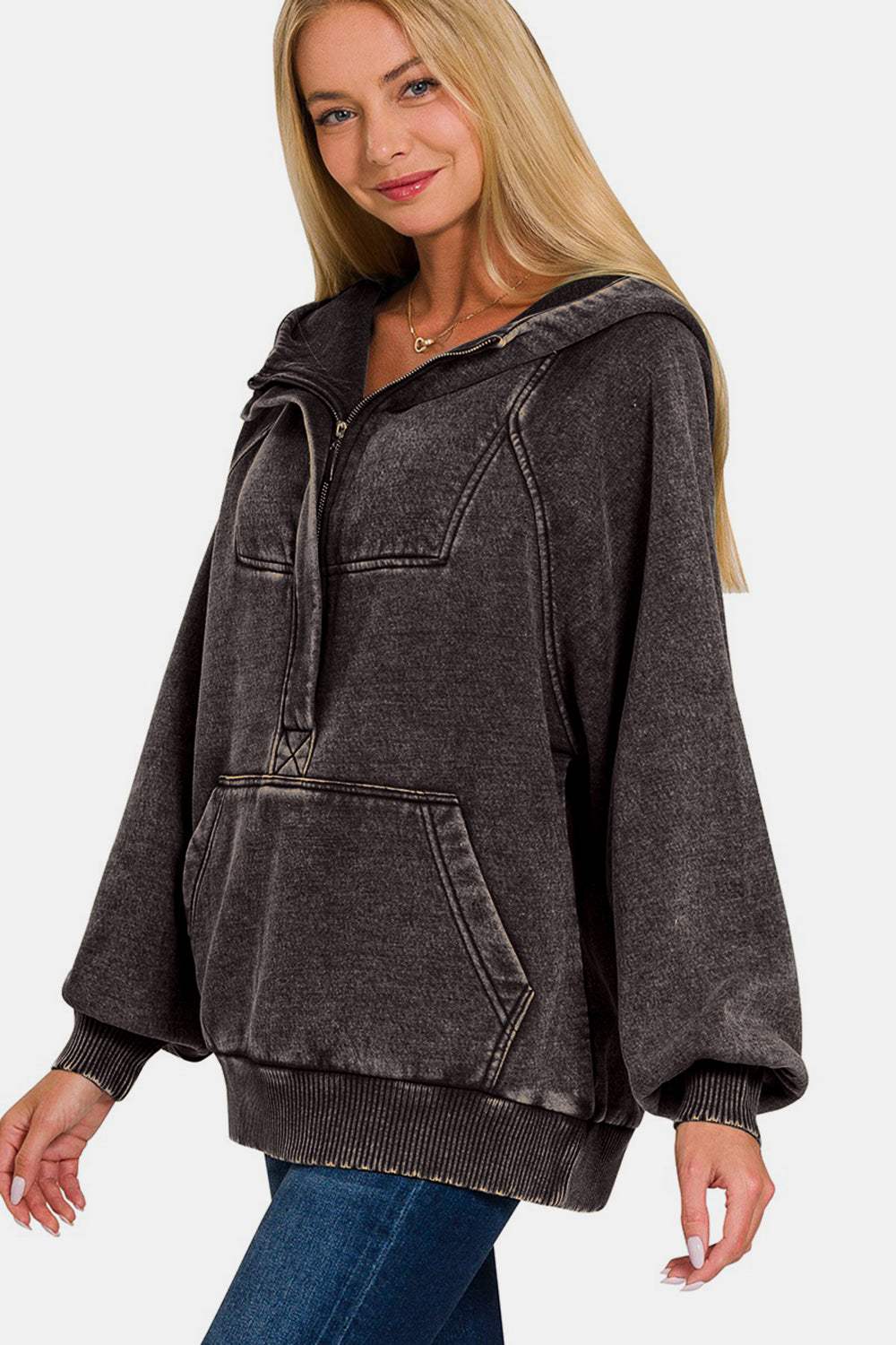 Zenana Acid Wash Fleece Kangaroo Hoodie - Trendsi - Flyclothing LLC