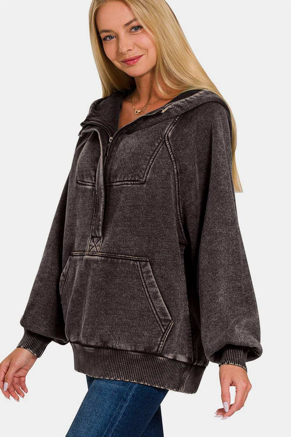 Zenana Acid Wash Fleece Kangaroo Hoodie - Trendsi - Flyclothing LLC
