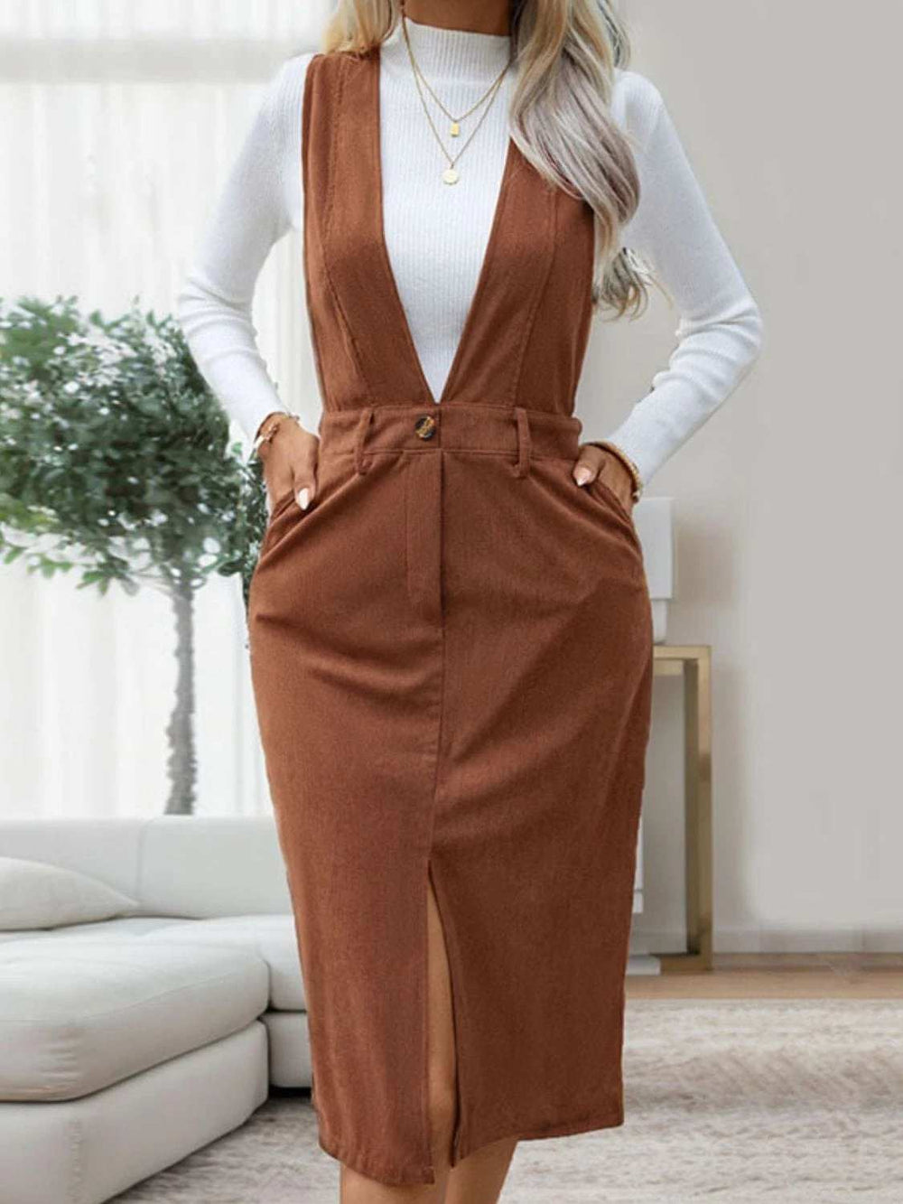 Perfee Slit Overall Dress with Pockets - Trendsi - Flyclothing LLC