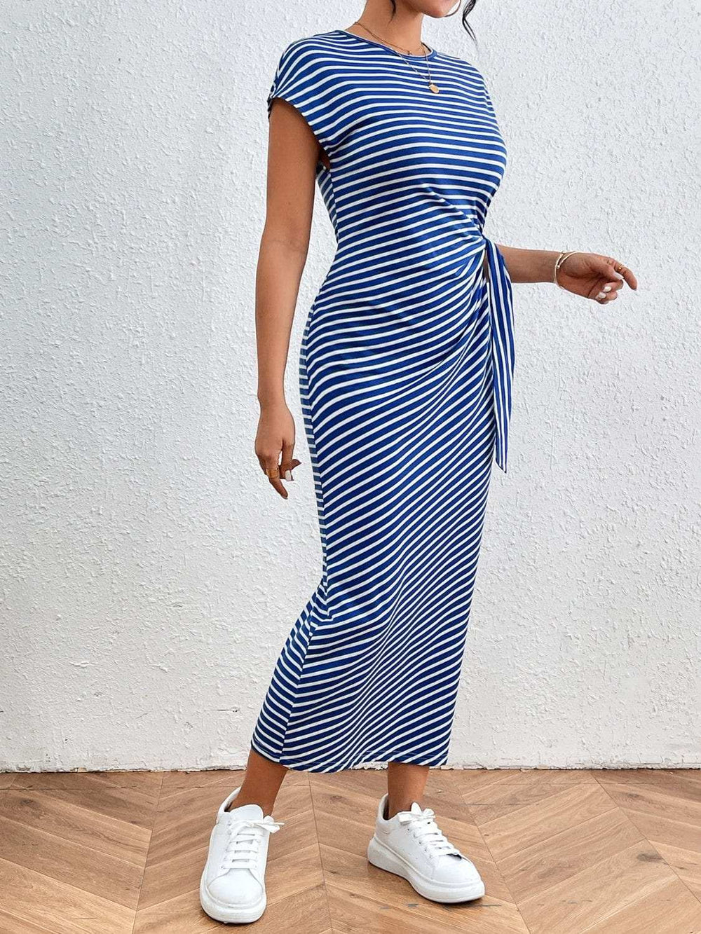 Tied Striped Round Neck Short Sleeve Tee Dress - Trendsi - Flyclothing LLC