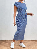 Tied Striped Round Neck Short Sleeve Tee Dress - Trendsi - Flyclothing LLC