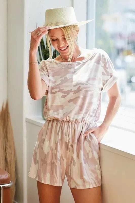 BiBi Camo Print French Terry Romper with Side Pockets - Trendsi - Flyclothing LLC