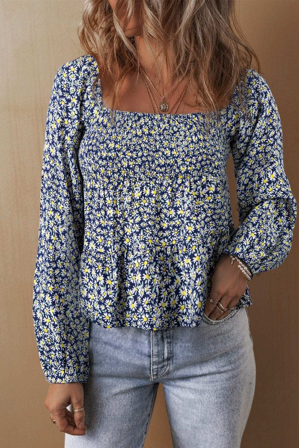 Floral Smocked Square Neck Blouse - Trendsi - Flyclothing LLC