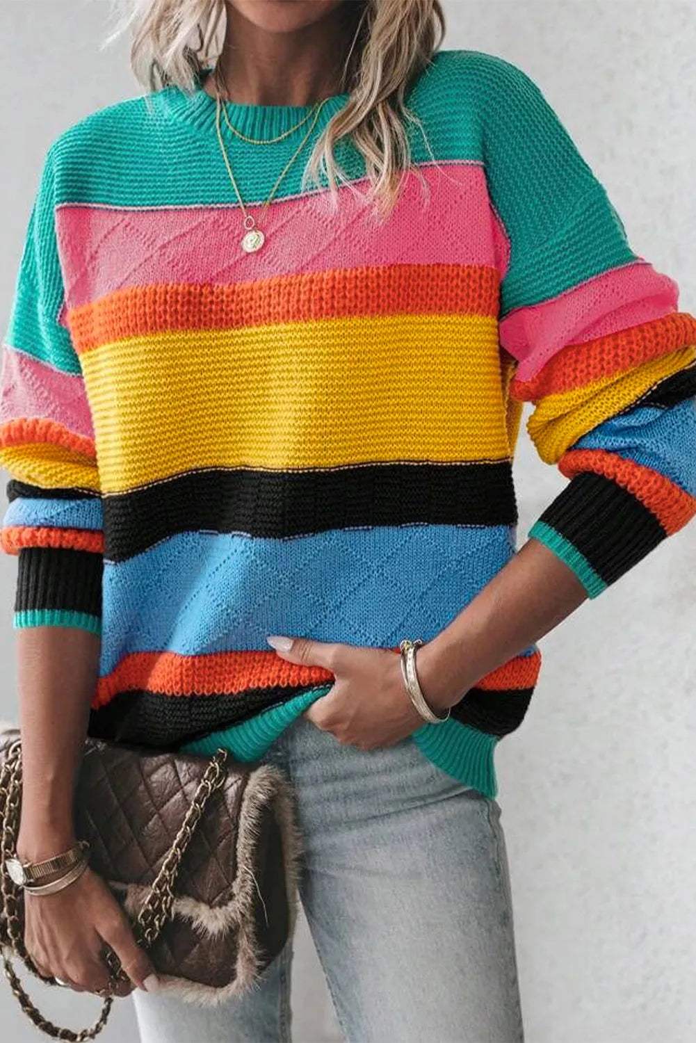 Contrast Round Neck Dropped Shoulder Sweater - Trendsi - Flyclothing LLC