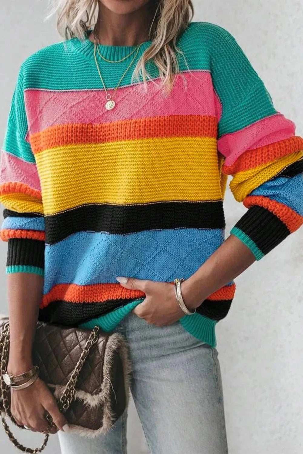 Contrast Round Neck Dropped Shoulder Sweater - Trendsi - Flyclothing LLC