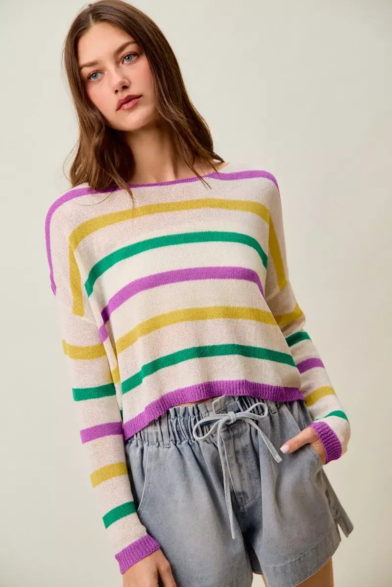 SO ME Mardi Gras Color Stripe Lightweight Sweater Top - Trendsi - Flyclothing LLC