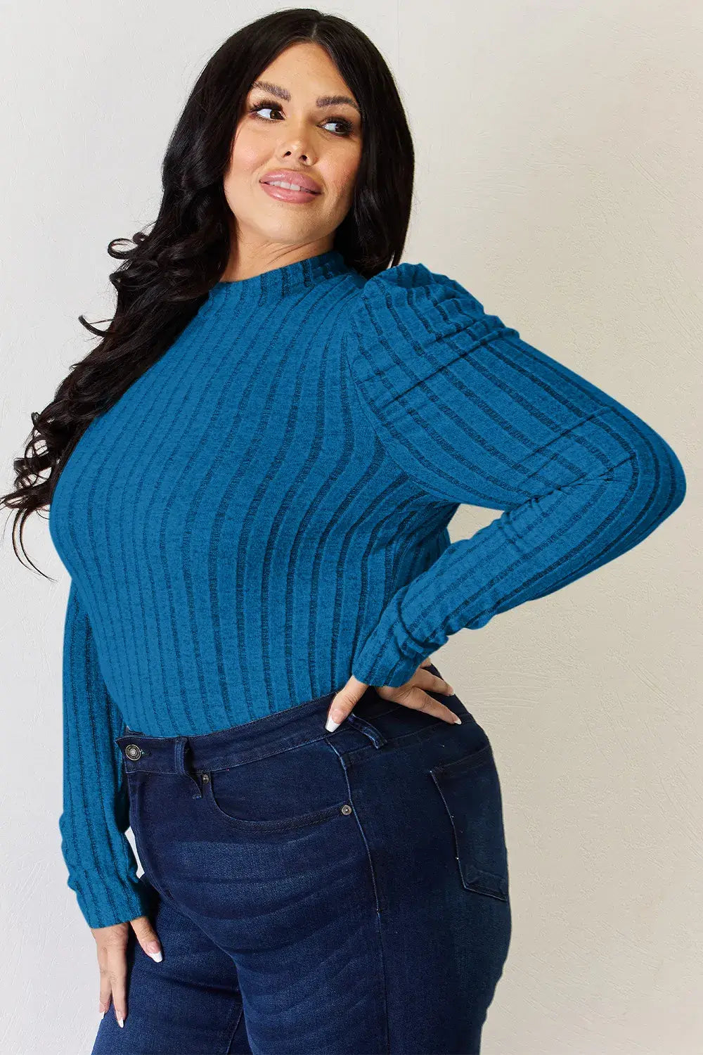 Basic Bae Full Size Ribbed Mock Neck Puff Sleeve T-Shirt - ShopBasicbae - Flyclothing LLC