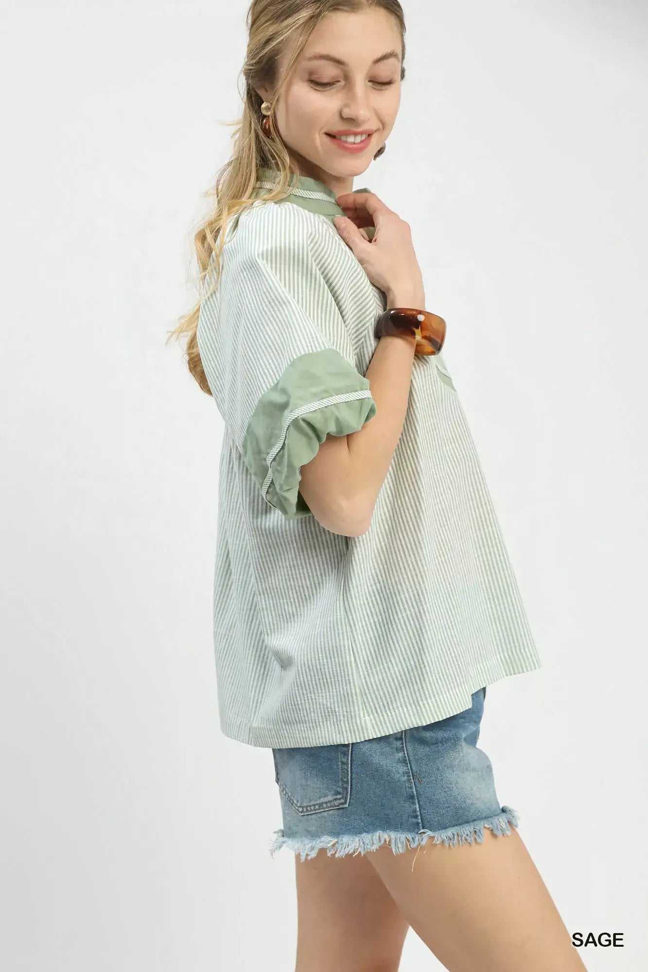 Umgee Striped Mixed Puff Sleeve Blouse - Trendsi - Flyclothing LLC