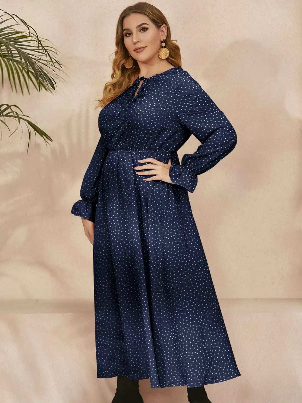 Plus Size Ruffled Polka Dot Long Sleeve Midi Dress - Trendsi - Flyclothing LLC