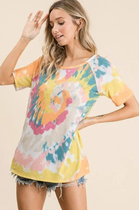 BiBi Tie Dye Print Short Sleeve T-Shirt with Raglan Sleeves - Trendsi - Flyclothing LLC