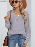 Eyelet V-Neck Long Sleeve Sweater - Trendsi - Flyclothing LLC