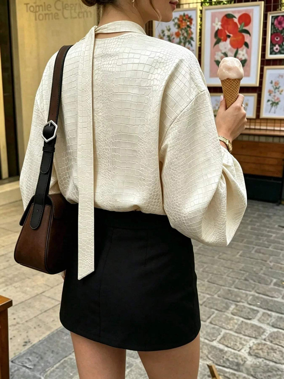 Crocodile-Embossed Surplice Balloon Sleeve Blouse - Trendsi - Flyclothing LLC