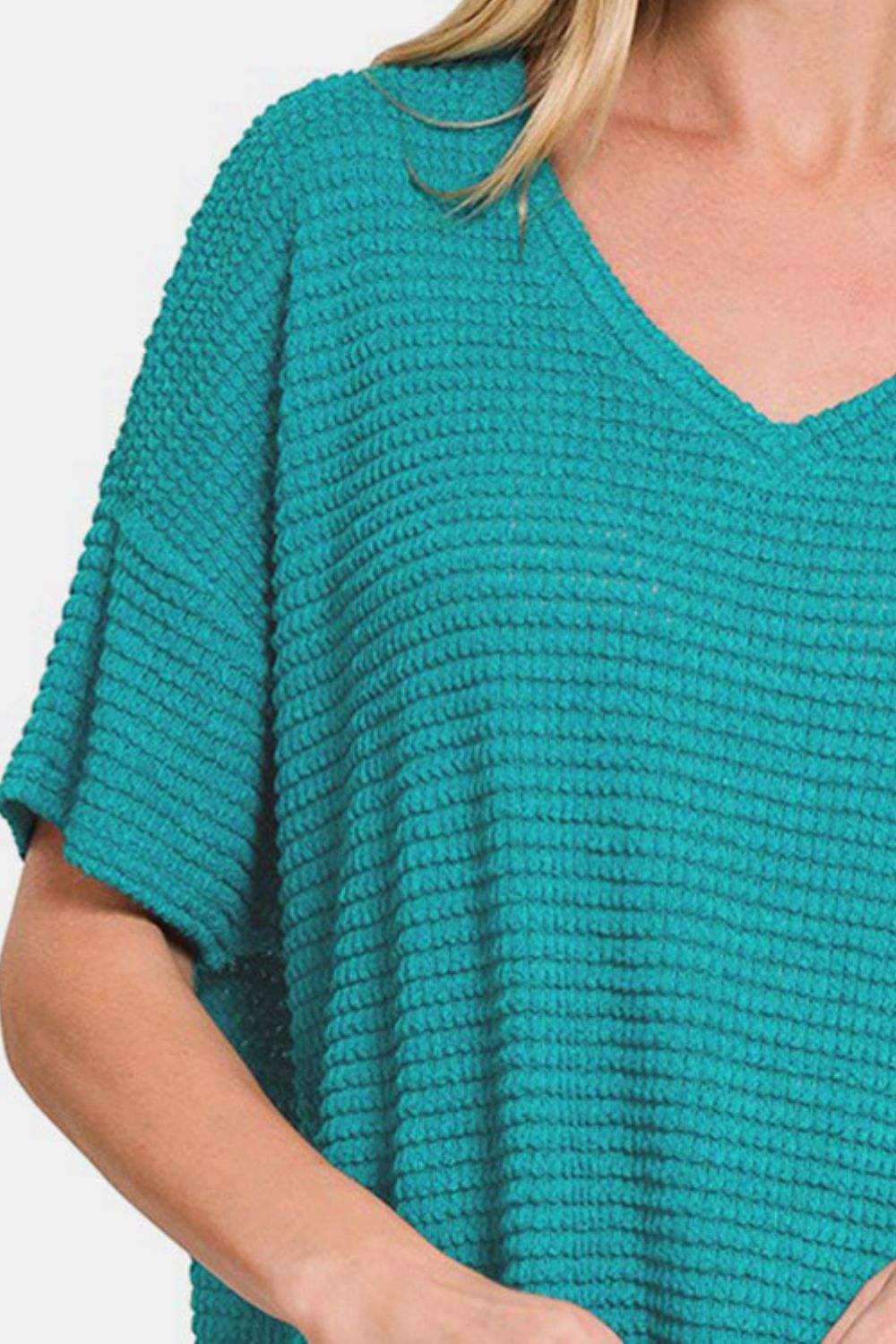 Zenana Drop Shoulder Short Sleeve Jacquard Knit Top - Trendsi - Flyclothing LLC