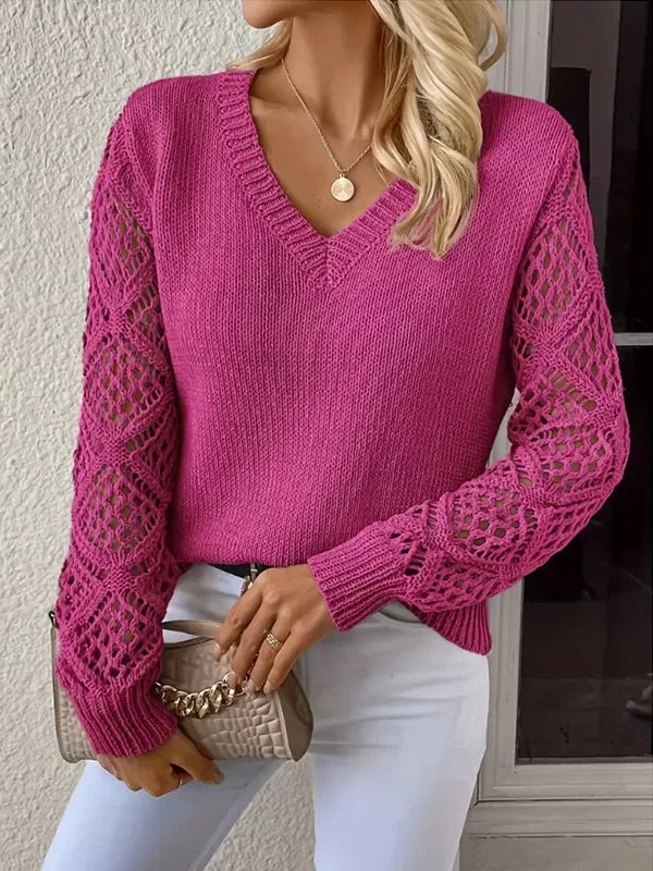 V-Neck Hollow-Out Sleeve Knit Sweater - Trendsi - Flyclothing LLC