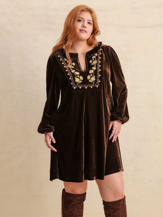 Plus Size Embroidered Notched Balloon Sleeve Mini Dress - Trendsi - Flyclothing LLC