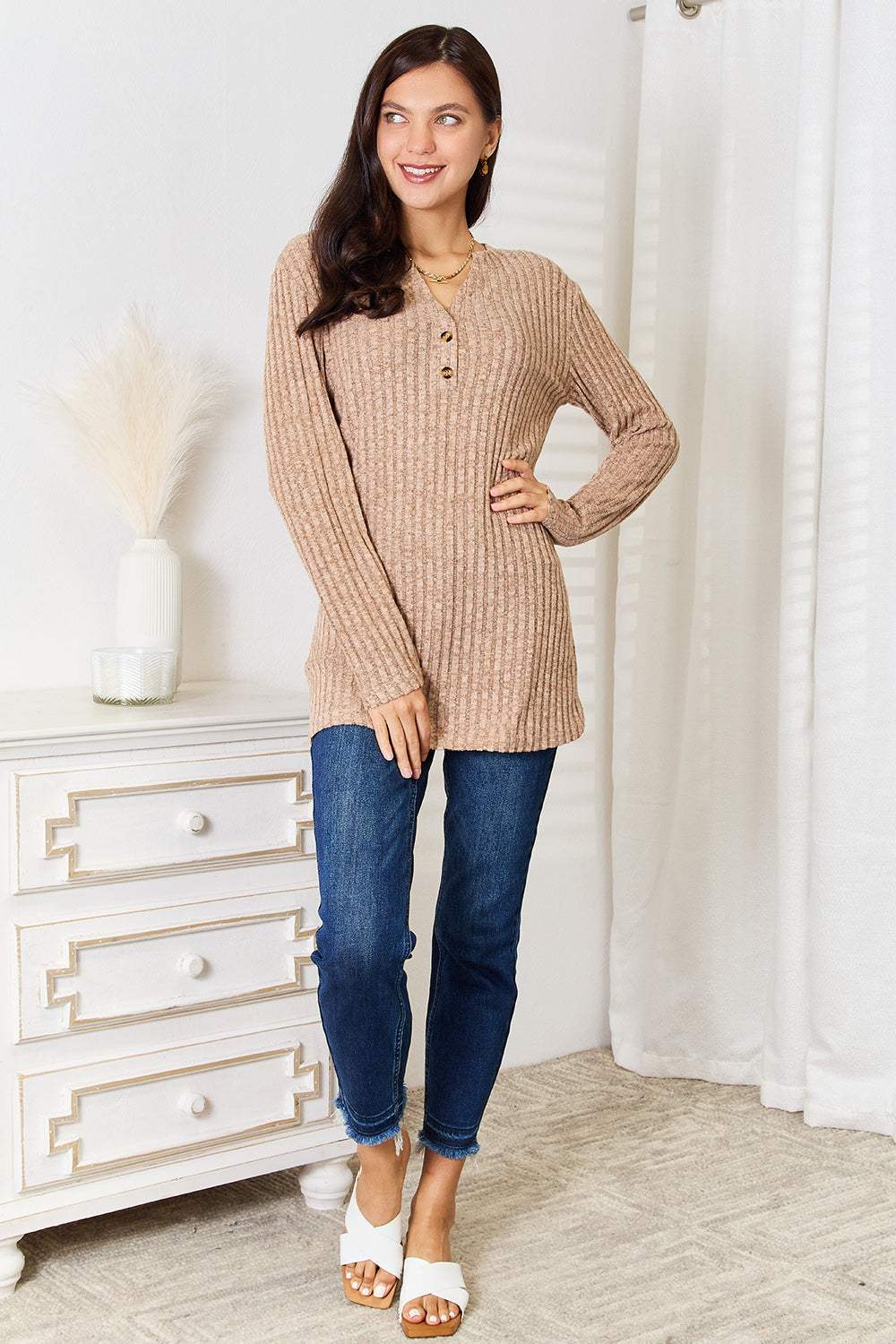 Double Take Notched Neck Ribbed Long Sleeve T-Shirt - Trendsi - Flyclothing LLC