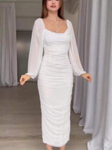 Ruched Sheer Long Sleeve Dress - Trendsi - Flyclothing LLC