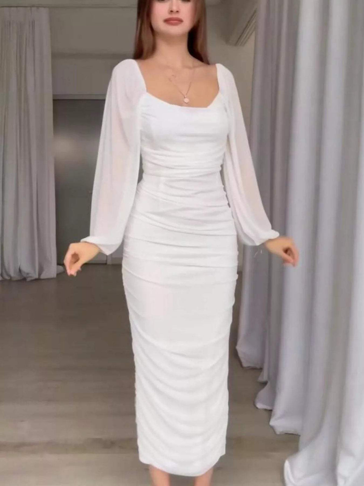 Ruched Sheer Long Sleeve Dress - Trendsi - Flyclothing LLC