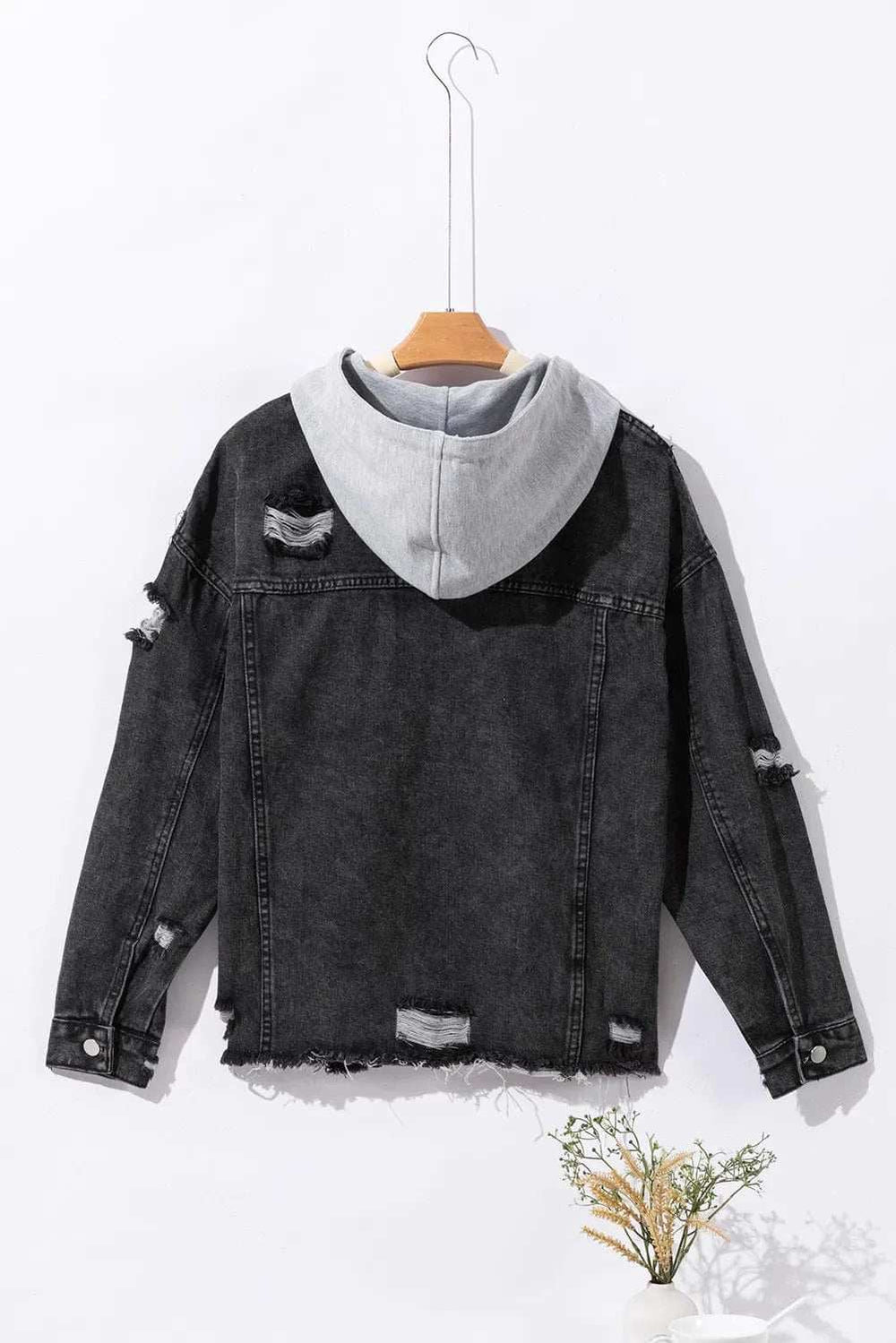 Distressed Drawstring Long Sleeve Hooded Denim Jacket - Trendsi - Flyclothing LLC