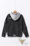 Distressed Drawstring Long Sleeve Hooded Denim Jacket - Trendsi