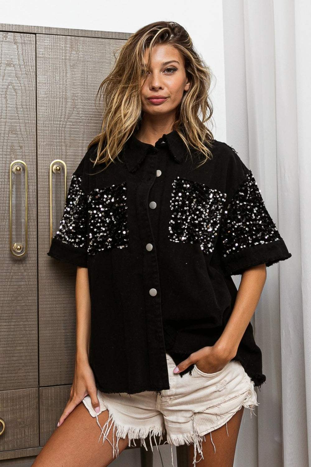 BiBi Sequin Detail Raw Hem Short Sleeve Shirt - Trendsi - Flyclothing LLC