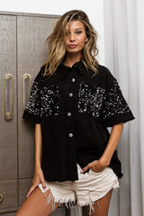 BiBi Sequin Detail Raw Hem Short Sleeve Shirt - Trendsi - Flyclothing LLC