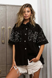 BiBi Sequin Detail Raw Hem Short Sleeve Shirt - Trendsi - Flyclothing LLC