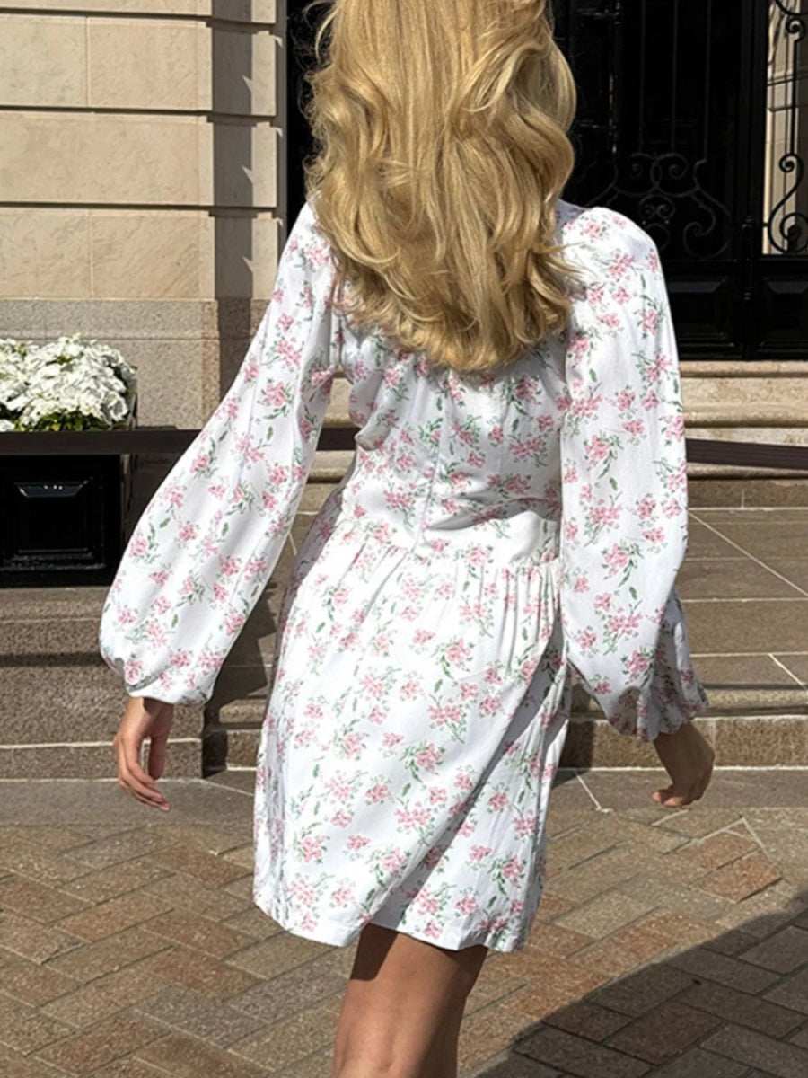 Floral Print Balloon Sleeve Dress - Trendsi - Flyclothing LLC