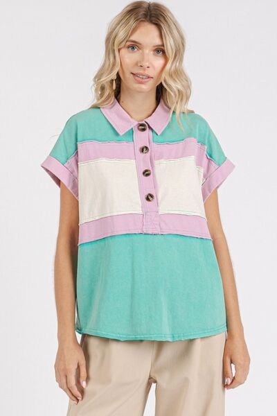Mittoshop Color Block Henley Short Sleeve Polo Shirt - Trendsi