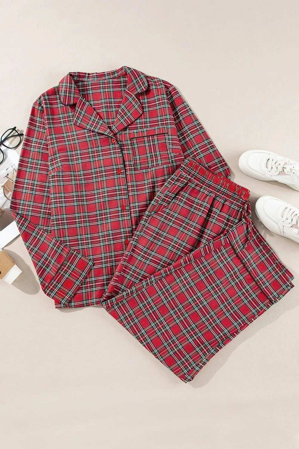 Plus Size Plaid Collared Neck Top and Pants Lounge Set - Trendsi - Flyclothing LLC