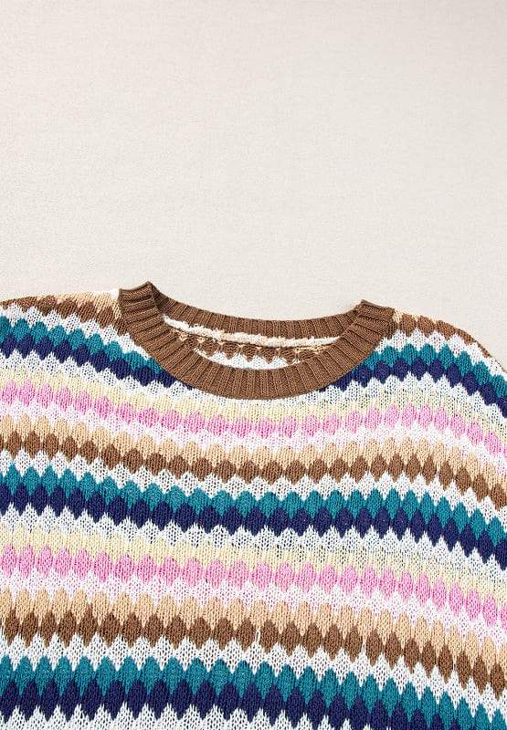 Contrast Round Neck Short Sleeve Sweater - Trendsi - Flyclothing LLC