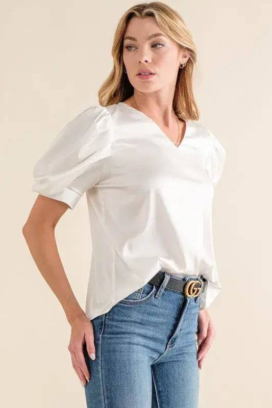 And The Why Plain Satin Puff Shirring V Neck Blouse Top - Trendsi - Flyclothing LLC