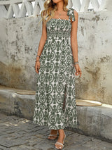 Smocked Slit Printed Tie Shoulder Dress - Trendsi - Flyclothing LLC