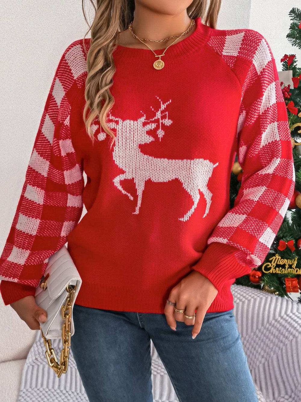 Reindeer Plaid Round Neck Long Sleeve Sweater - Trendsi - Flyclothing LLC