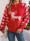 Reindeer Plaid Round Neck Long Sleeve Sweater - Trendsi - Flyclothing LLC
