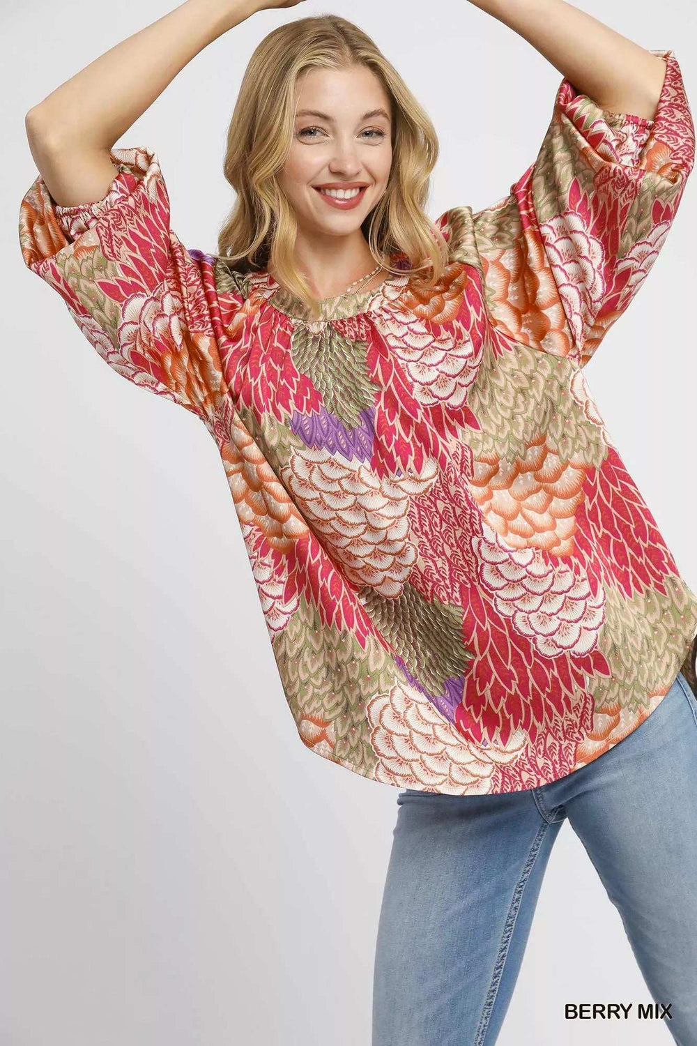 Umgee Boho Feather Print Peasant Blouse - Trendsi - Flyclothing LLC