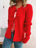 Ribbed Tie Front Long Sleeve Cardigan - Trendsi - Flyclothing LLC